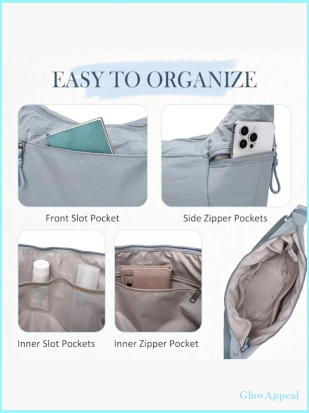 Lightweight Nylon Crescent Hobo Bag, Crossbody Purse with Zipper Pockets